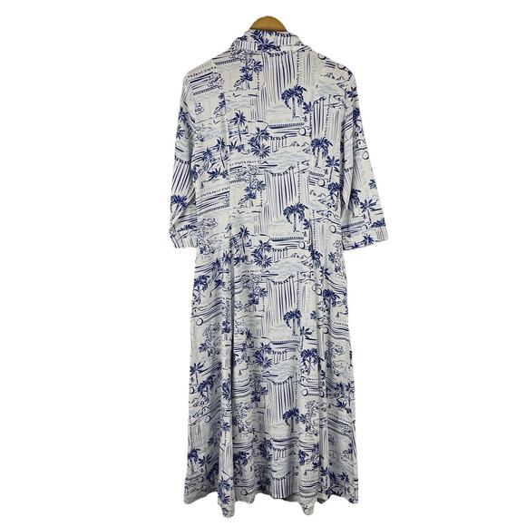 Calypso St Barth Maxi Shirt Dress Linen Button Front 3/4 Sleev White Blue Medium - Picture 2 of 12